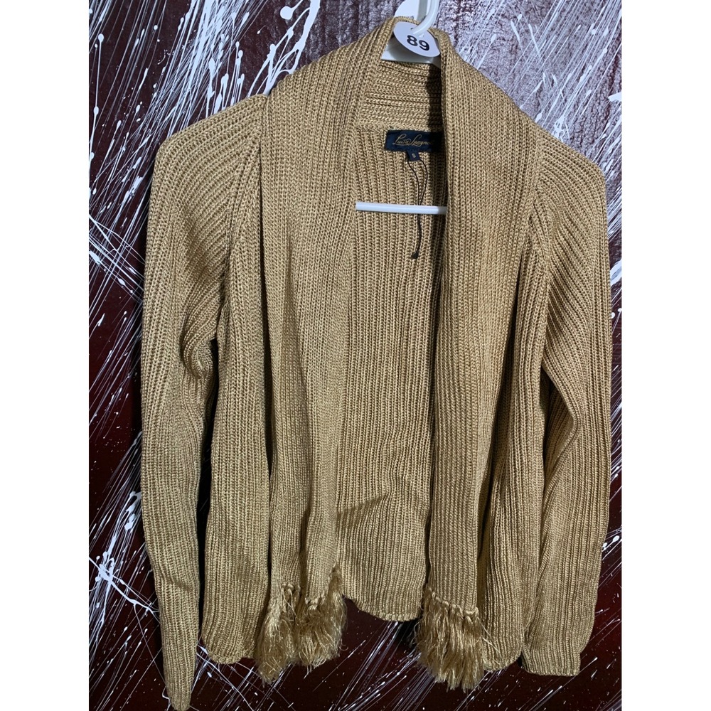 Luisa Spagnoli Gold Metallic Rib  Knit Fringe Open Front Cardigan Sweater Small